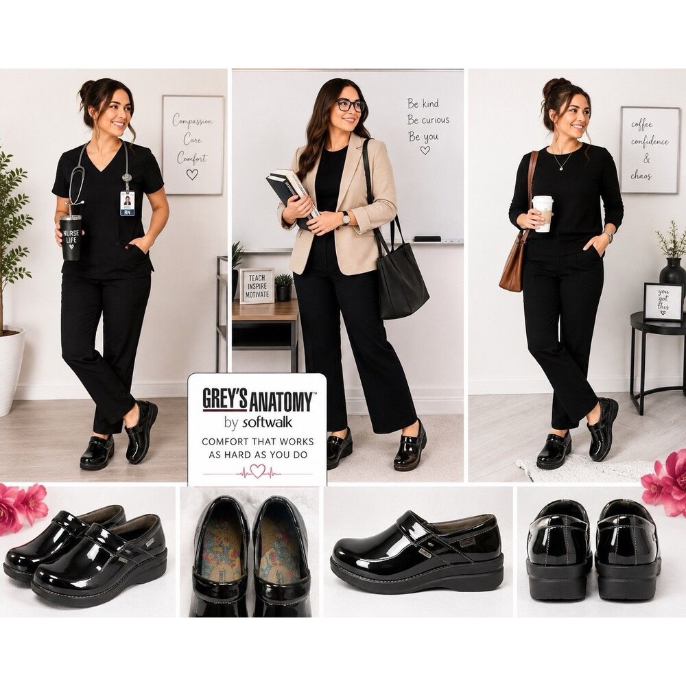 Greys Anatomy Softwalk Nursing Comfort Shoes Clogs Size 8.5 Black Shiny Comford